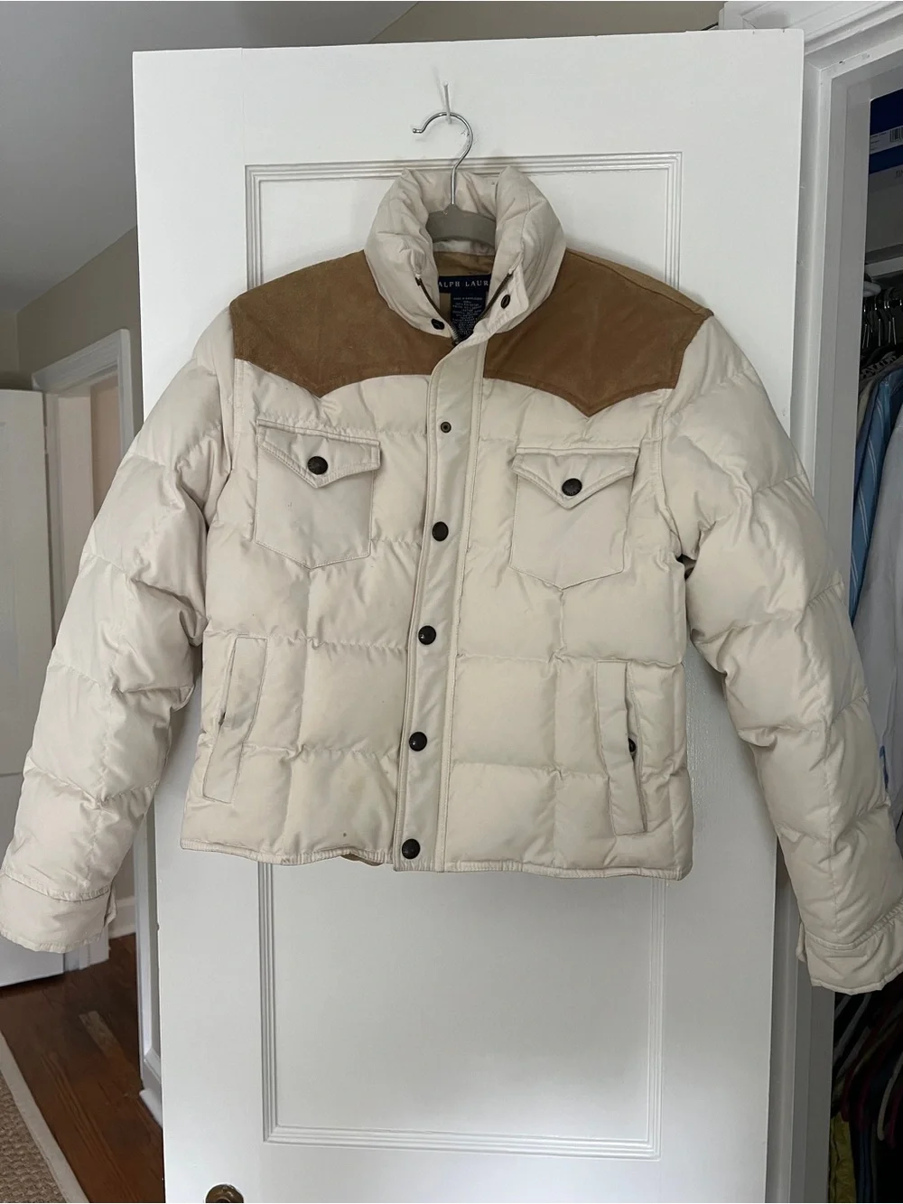 Ralph Lauren Cream Puffer Jacket with Brown Suede Yoke